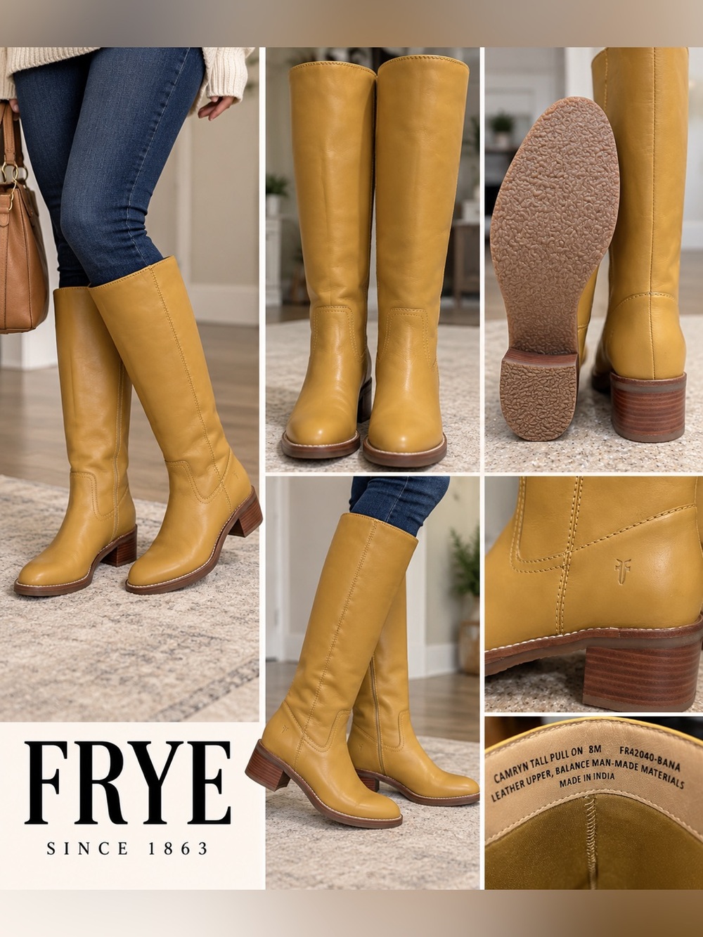 Frye Camryn Tall Pull On Leather Boots Mustard. Women’s Size 8 NWT